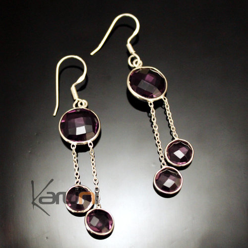 Boucles d'Oreilles en Argent 925 Pierres Fines 33 Gouttes Rondes Facettes Améthyste Violet