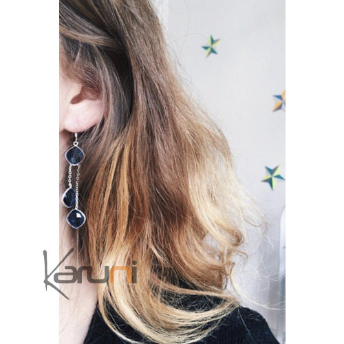 Boucles d'Oreilles en Argent 925 Pierres Fines 35 Gouttes Facettes Iolite Bleue