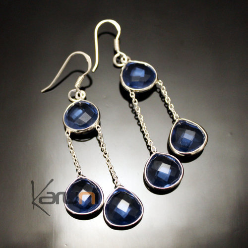 Boucles d'Oreilles en Argent 925 Pierres Fines 35 Gouttes Facettes Iolite Bleue