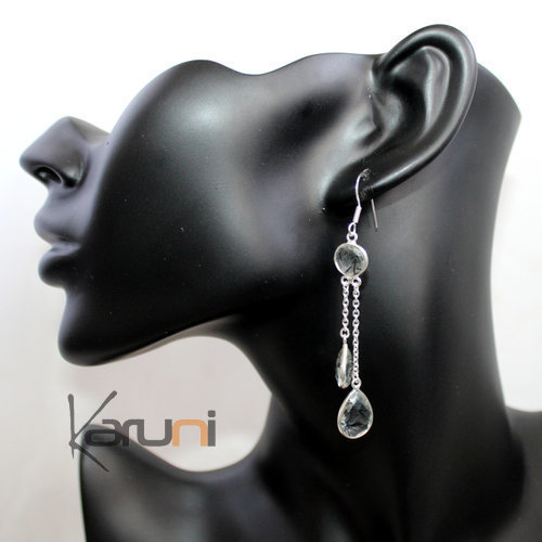 Bijoux Indiens Ethniques Boucles d'Oreilles en Argent 925 Pierres Fines 36 Gouttes Facettes Quartz Rutile b