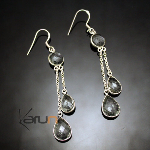 Bijoux Indiens Ethniques Boucles d'Oreilles en Argent 925 Pierres Fines 36 Gouttes Facettes Quartz Rutile