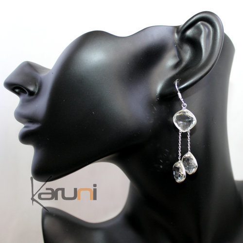 Boucles d'Oreilles en Argent 925 Pierres Fines 37 Gouttes Losange Facettes Cristal de Roche