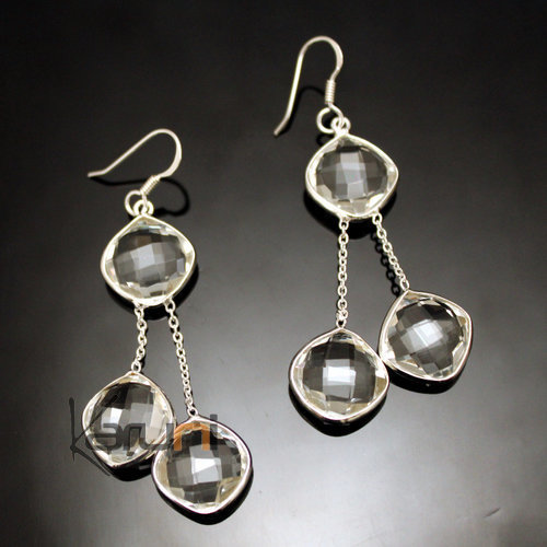 Boucles d'Oreilles en Argent 925 Pierres Fines 37 Gouttes Losange Facettes Cristal de Roche