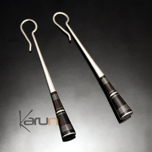 Boucles d'Oreilles en Argent et Ebène Massues 28 Rondes Sombres Ebene Lisses