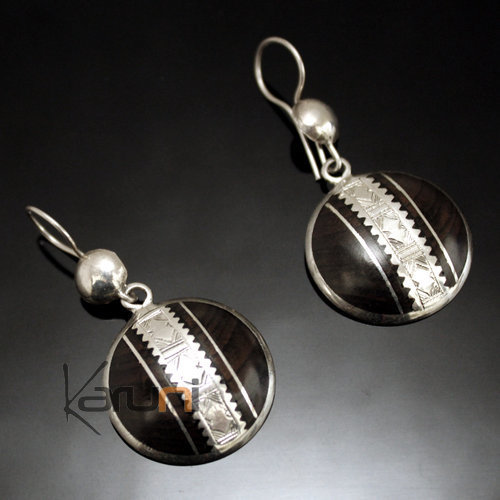 Boucles d'Oreilles en Argent et Ebène 108 Rond Feston