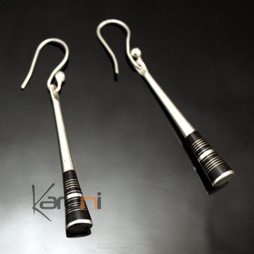 Boucles d'Oreilles en Argent et Ebène Massues 75 Attaches Sombres Rondes Lisses