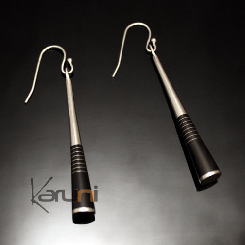 Boucles d'Oreilles en Argent et Ebène Massues 85 Attaches Sombres Rondes Design