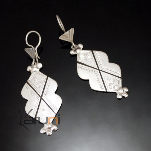 Boucles d'Oreilles en Argent 89 Pendant Gravé Lignes Ebène