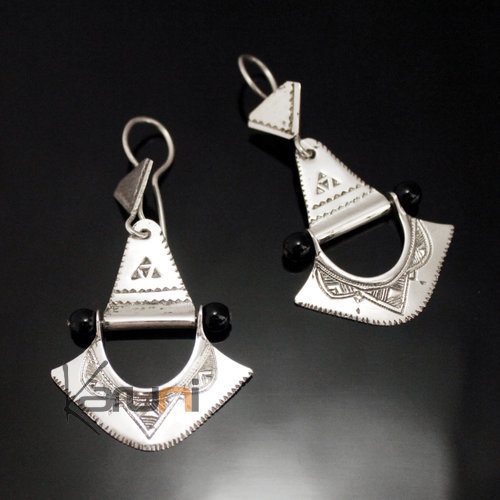 Bijoux Touareg Ethniques Boucles d'oreilles en Argent 100 Pendant Eventail Perles Noires