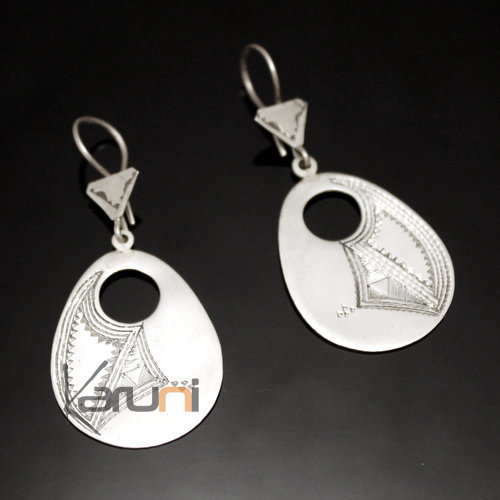 Bijoux Touareg Ethniques Boucles d'oreilles en Argent 119 Grandes Gouttes Creuses Plates Graves