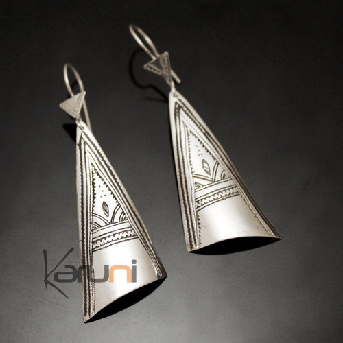 Bijoux Touareg Ethniques Boucles d'oreilles en Argent 124 Longs Triangles Gravs Curve