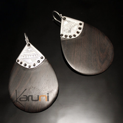 Boucles d'Oreilles en Argent et Ebène 160 Grandes Gouttes Gravées Dentelle