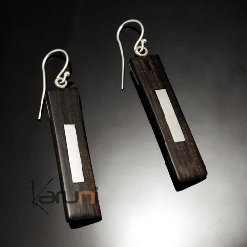 Boucles d'Oreilles en Argent et Ebène 171 Rectangle Miroir Design Karuni