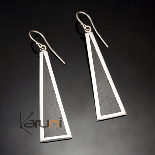 Boucles d'Oreilles en Argent et Ebène 182 Triangles Longs Plats Design Karuni