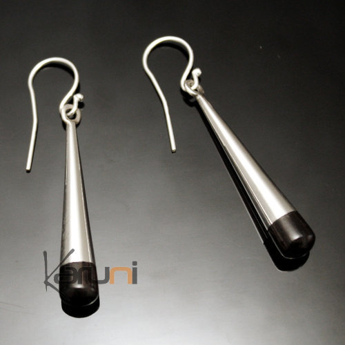 Bijoux Ethniques Touareg Boucles d'Oreilles en Argent et Ebne 185 Goutte de Pluie Fines Design Karuni