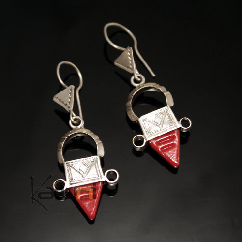 Boucles d'Oreilles en Argent et Pierre 11 Croix du Sud d'Ingall Niger Fines Rouge