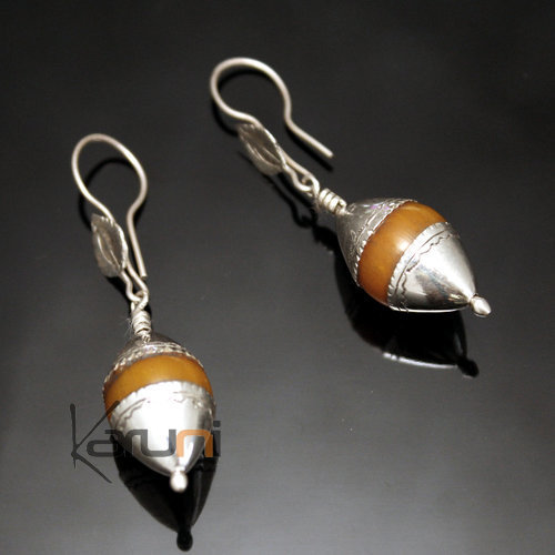 Boucles d'Oreilles en Argent et Pierre 24 Goutte Grave Perle Touareg Jaune Ambre