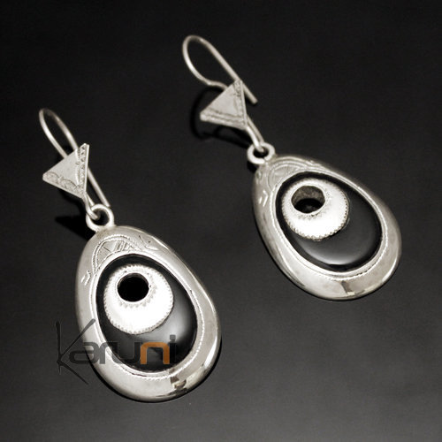 Boucles d'Oreilles en Argent et Pierre 28 Grandes Gouttes Onyx Noir Gravées Oeuf