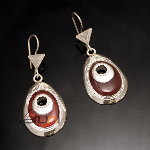 Bijoux Touareg Ethniques Boucles d'Oreilles en Argent et Pierre 28 Grandes Gouttes Agate Rouge Gravées Oeuf