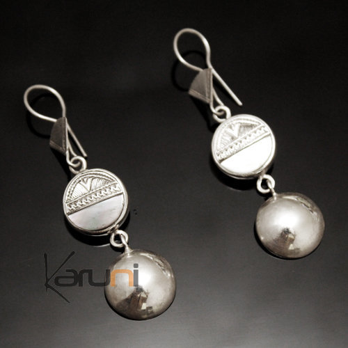 Boucles d'Oreilles en Argent et Pierre 30 Pendants  Ronds Gravés Nacre