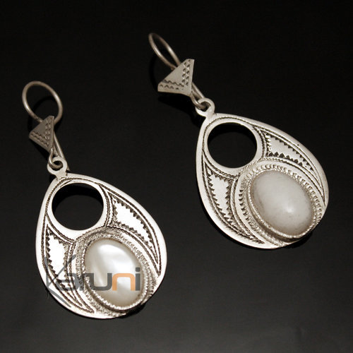 Bijoux Touareg Ethniques Boucles d'Oreilles en Argent et Pierre 35 Goutte Creuse Grave Nacre