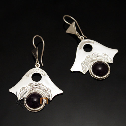 Boucles d'Oreilles en Argent et Pierre 36 Pendant Gravé Eventail Améthyste Violet