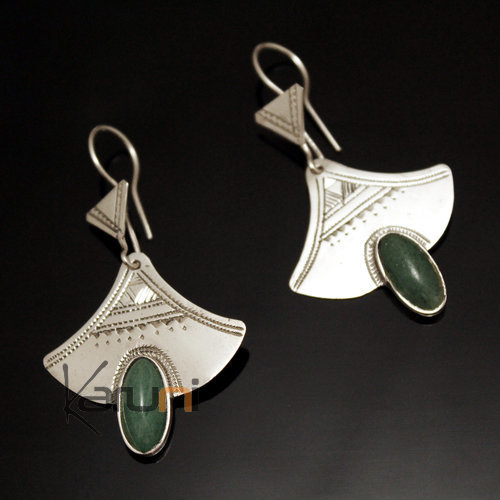 Boucles d'Oreilles en Argent et Pierre 38 Lys Gravé Jade Vert