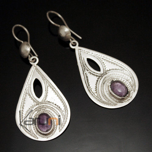 Boucles d'Oreilles en Argent et Pierre 39 Goutte Gravée Ajourée Améthyste Violet