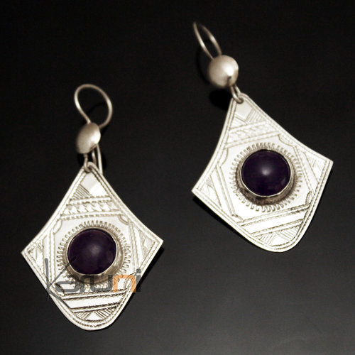 Boucles d'Oreilles en Argent et Pierre 41 Goutte Losange Gravé Améthyste Violet