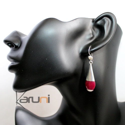 Bijoux Touareg Ethniques Boucles d'Oreilles en Argent et Pierre 43 Longue Goutte Lisses Agate de Feu Rose b