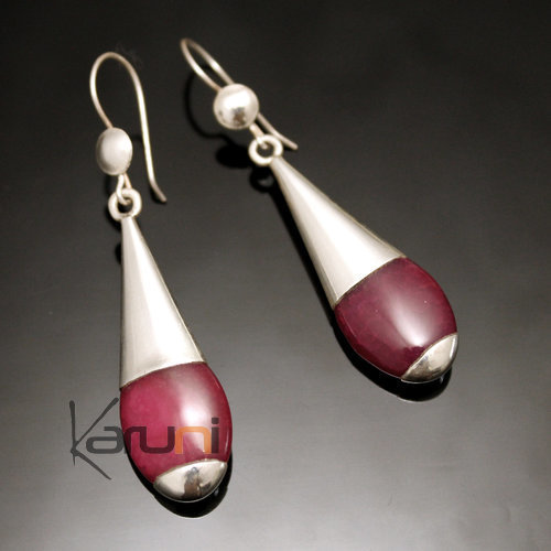 Boucles d'Oreilles en Argent et Pierre 43 Longue Goutte Lisses Agate de Feu Rose