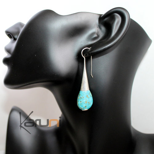 Bijoux Touareg Ethniques Boucles d'Oreilles en Argent et Pierre 44 Longues Gouttes Design Howlite Turquoise b