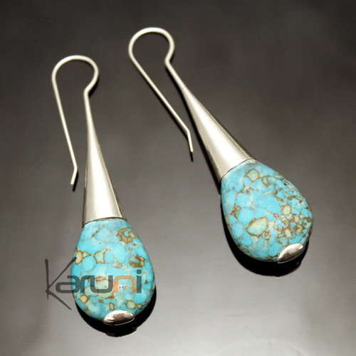 Bijoux Touareg Ethniques Boucles d'Oreilles en Argent et Pierre 44 Longues Gouttes Design Howlite Turquoise