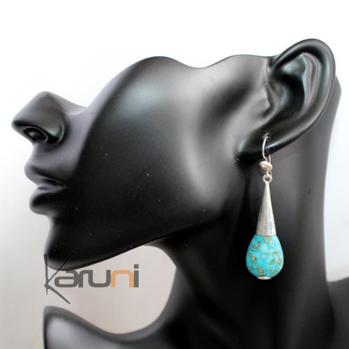 Bijoux Touareg Ethniques Boucles d'Oreilles en Argent et Pierre 45 Longues Gouttes Design Howlite Turquoise Attaches b