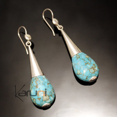 Boucles d'Oreilles en Argent et Pierre 45 Longues Gouttes Design Howlite Turquoise Attaches