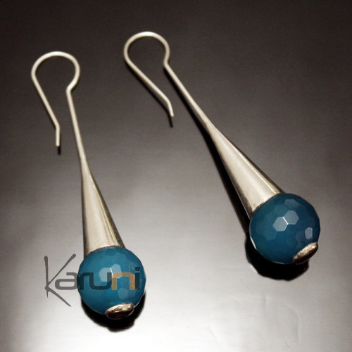 Boucles d'Oreilles en Argent et Pierre 46 Longues Gouttes Design Perle Facette Agate de Feu Bleu Turquoise