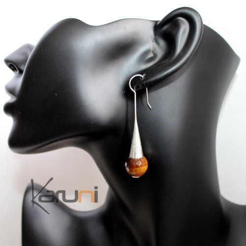 Boucles d'Oreilles en Argent et Pierre 47 Longues Gouttes Design Perle Facette Agate de Feu Camel