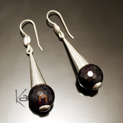 Boucles d'Oreilles en Argent et Pierre 48 Longues Gouttes Design Perle Facette Agate de Feu Attaches Violet