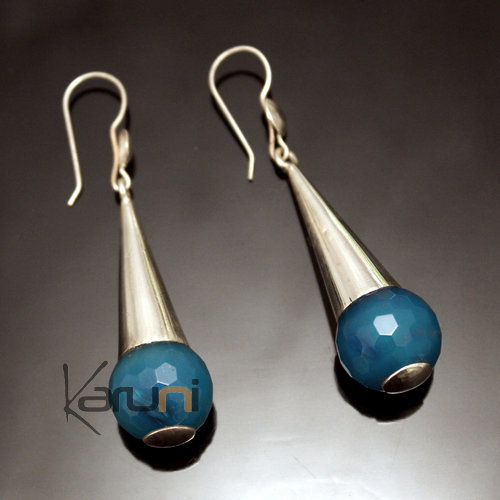 Boucles d'Oreilles en Argent et Pierre 48 Longues Gouttes Design Perle Facette Agate de Feu Attaches Bleu Turquoise