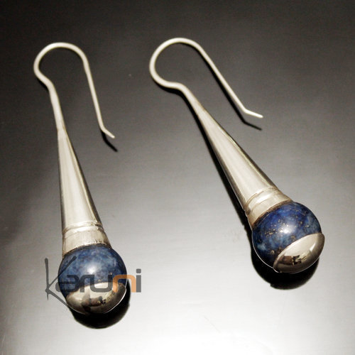 Boucles d'Oreilles en Argent et Pierre 49 Longues Gouttes Design Perle Lapis-Lazuli