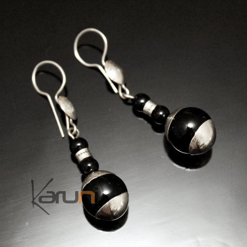 Bijoux Touareg Ethniques Boucles d'Oreilles en Argent et Pierre 51 Perles Rondes Verre Artisanal Onyx Noir