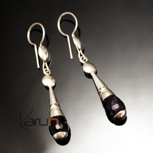 Boucles d'Oreilles en Argent et Pierre 54 Gouttes Améthyste Facettes Longues