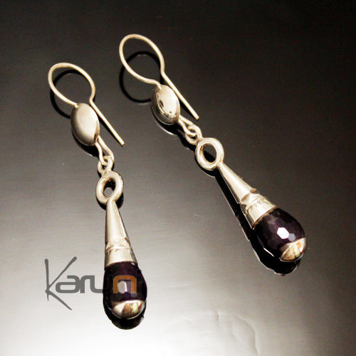 Boucles d'Oreilles en Argent et Pierre 52 Gouttes Améthyste Facettes Anneaux