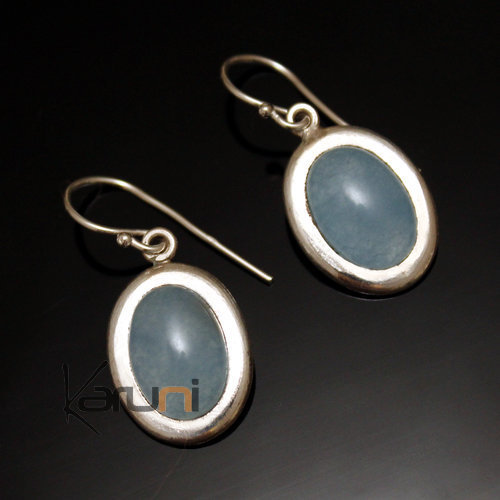 Bijoux Touareg Ethniques Boucles d'Oreilles en Argent et Pierre 56 Petit Ovale Agate Bleue