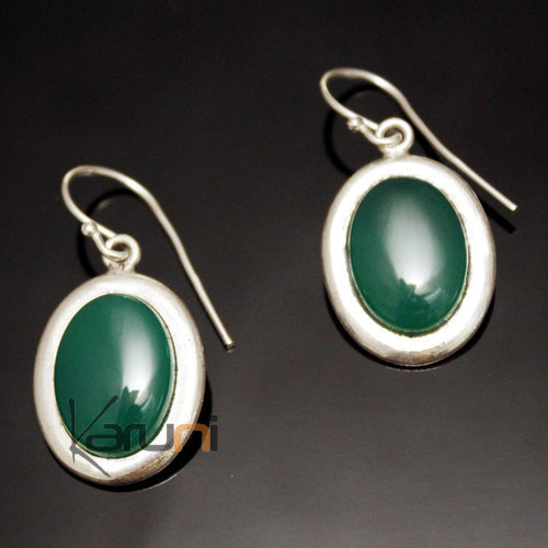 Boucles d'Oreilles en Argent et Pierre 56 Petit Ovale Agate Verte