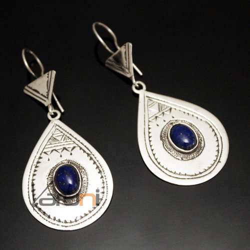 Boucles d'Oreilles en Argent et Pierre 57 Goutte Lisse Gravée Lapis-Lazuli