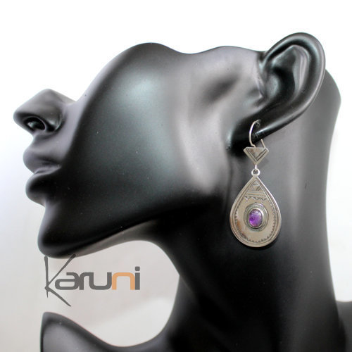 Bijoux Touareg Ethniques Boucles d'Oreilles en Argent et Pierre 57 Goutte Lisse Grave Amthyste Violet b