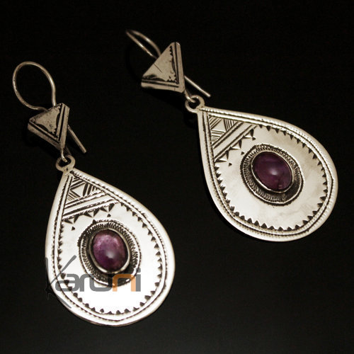 Bijoux Touareg Ethniques Boucles d'Oreilles en Argent et Pierre 57 Goutte Lisse Grave Amthyste Violet