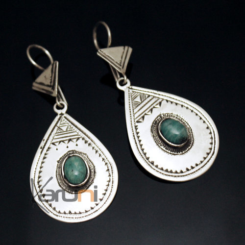 Bijoux Touareg Ethniques Boucles d'Oreilles en Argent et Pierre 57 Goutte Lisse Grave Turquoise