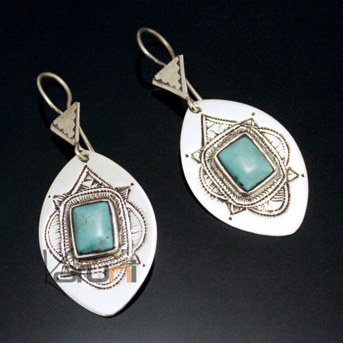 Bijoux Touareg Ethniques Boucles d'Oreilles en Argent et Pierre 58 Feuille Grave Turquoise